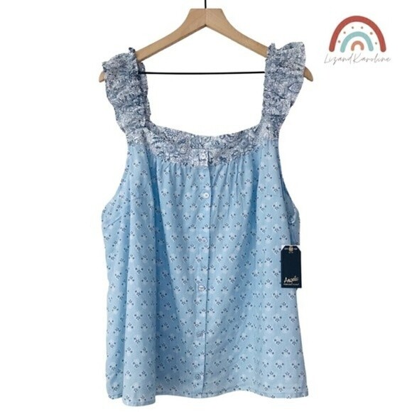 New! Angels Blue Floral Spaghetti Strap Peasant Cottagecore Cotton Top - Picture 1 of 11